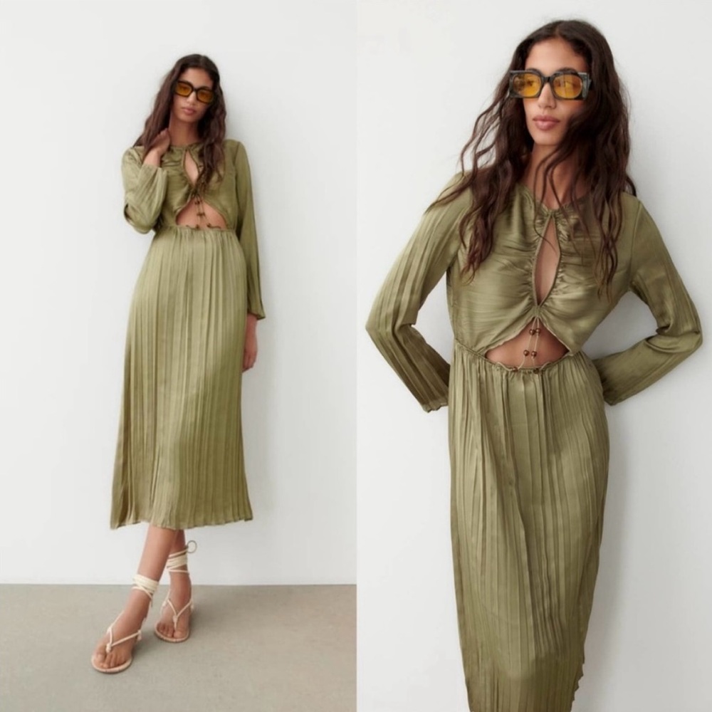Zara Olive Green Pleated Midi Dress with Beaded Cutout